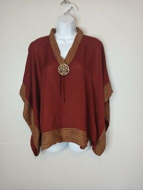Zikin Tunic Poncho with Gold Trim and Decorative Brooch Boho Indonesia